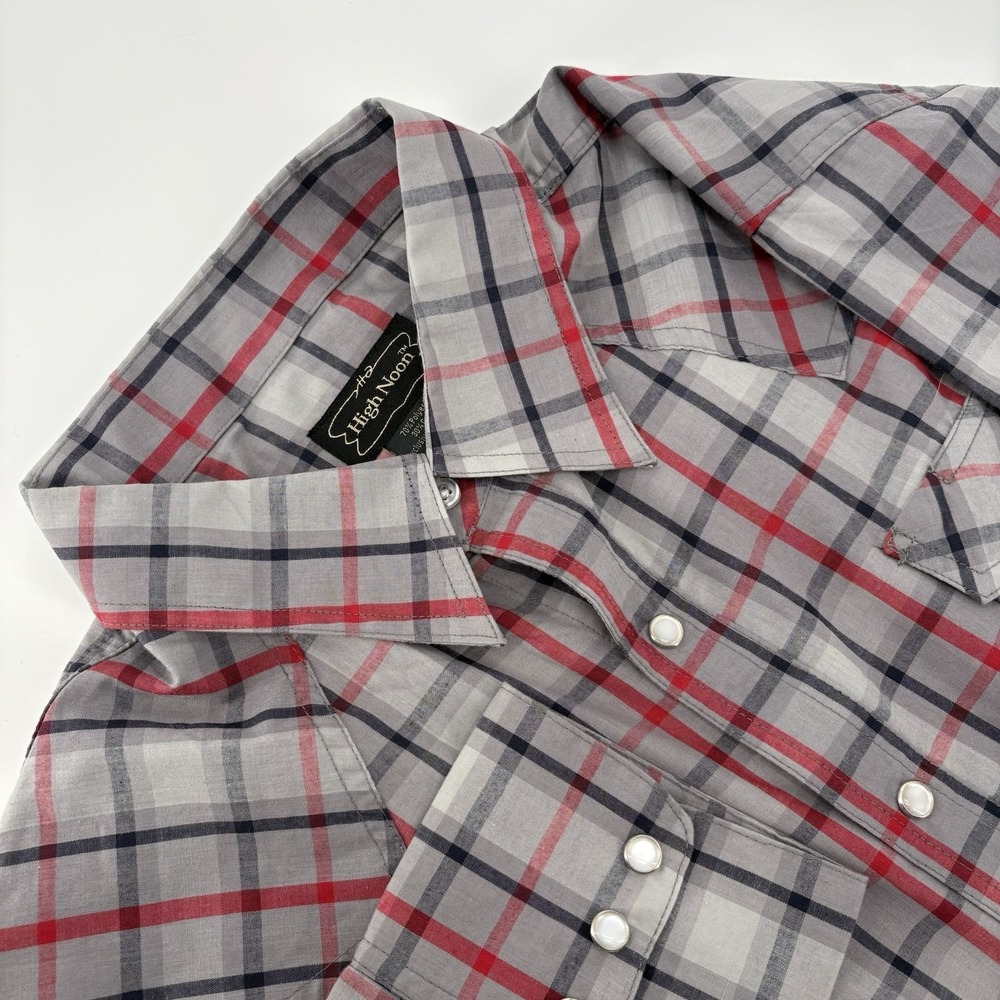 VTG High Noon Pearl Snap Shirt Mens L Red Black Gray Plaid Western Cowboy Rodeo